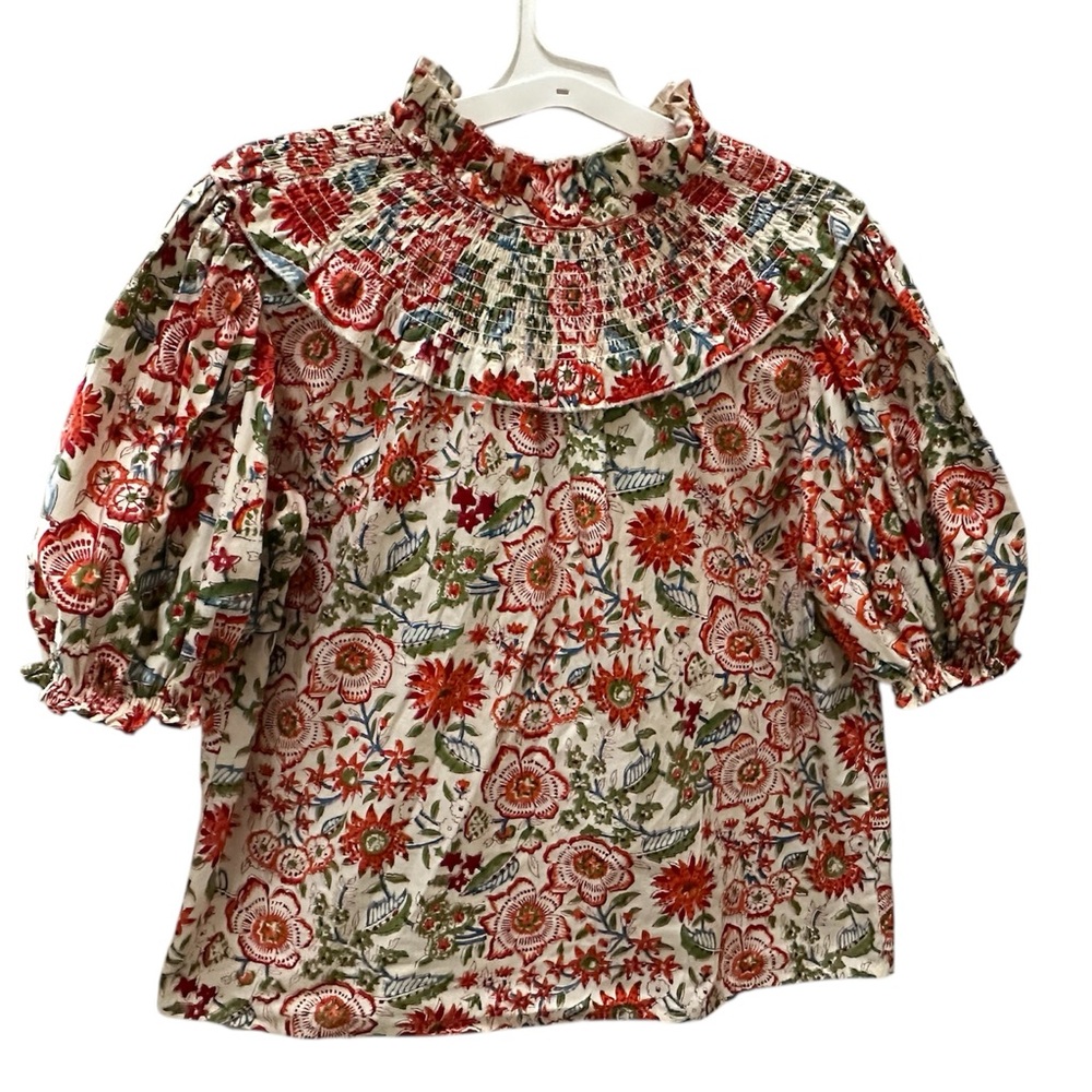Sohana Womens Top Floral Puffed Blouse Smocked Yoke size Large